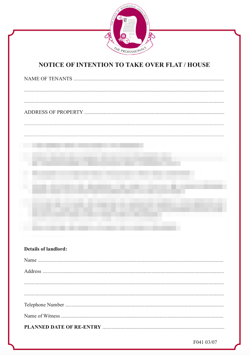 notice of intention to take over property grl landlord association abandonment form