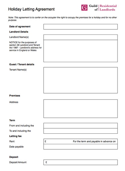 Holiday Letting Agreement GRL Landlord Association
