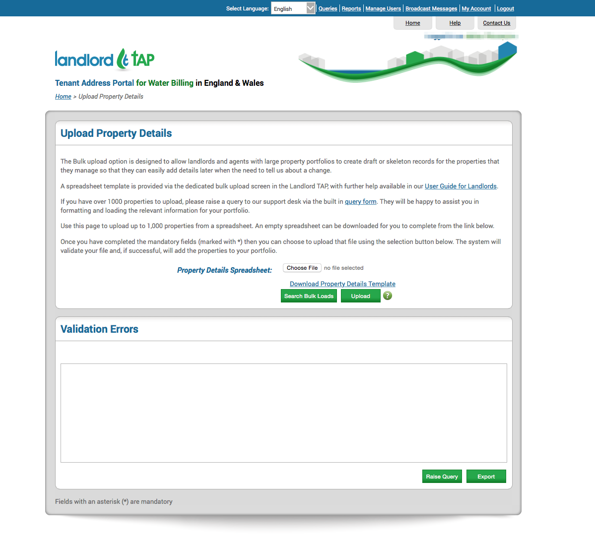 Tenant Address Portal (www.landlordtap.com) bulk upload page
