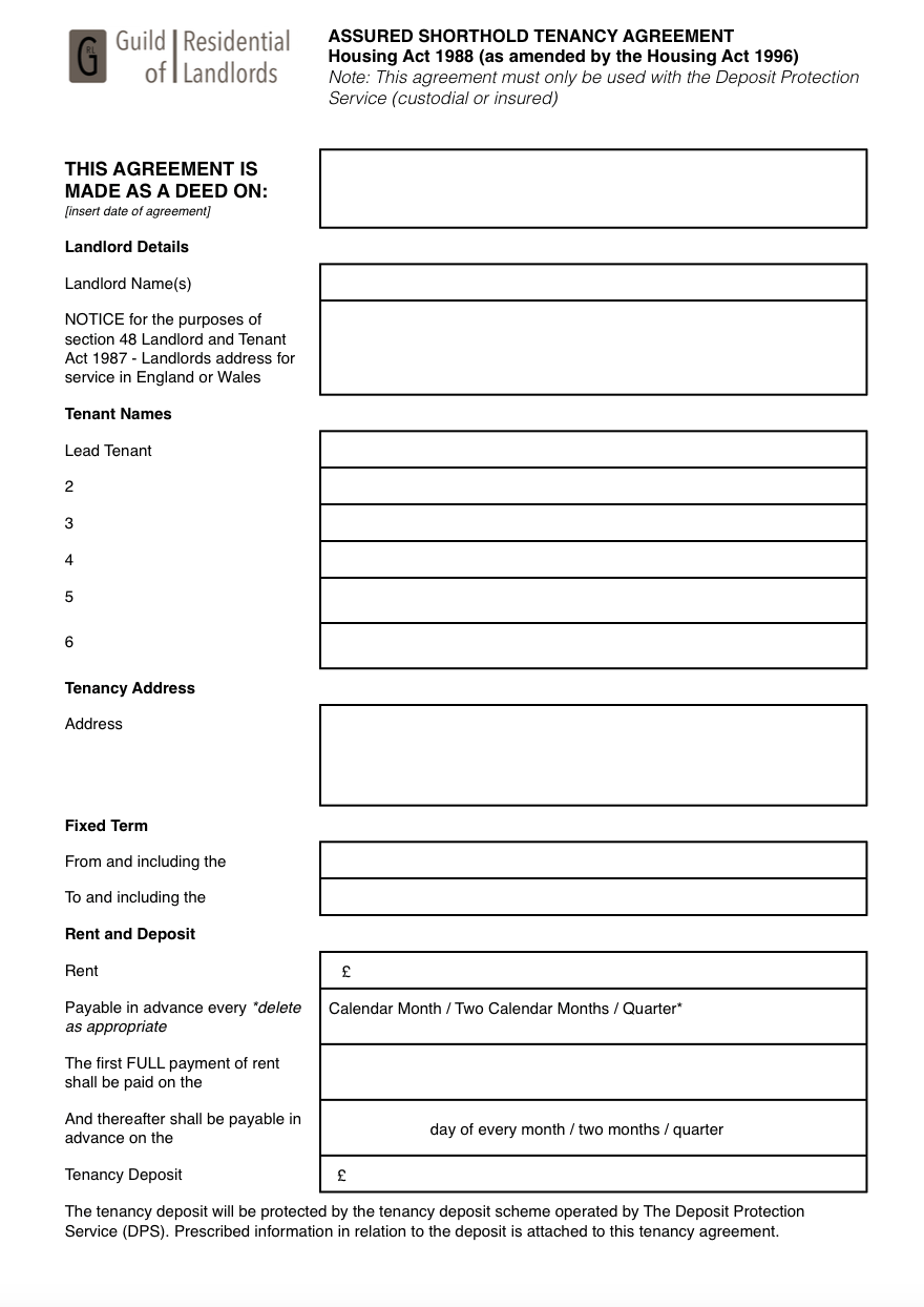 Deposit Protection Service Assured Shorthold Tenancy - GRL For assured short term tenancy agreement template