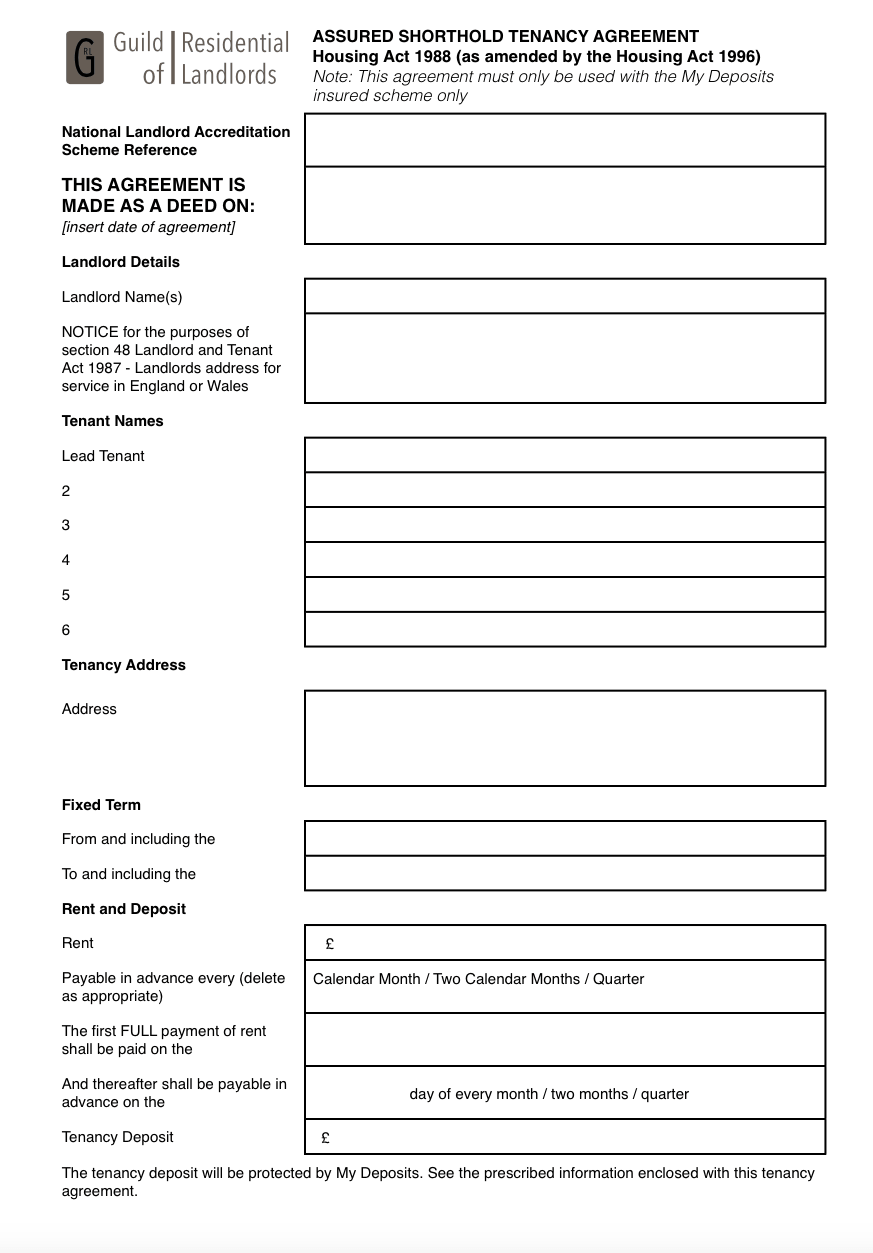 MyDeposits Assured Shorthold Tenancy Agreement - GRL Landlord Inside assured short term tenancy agreement template