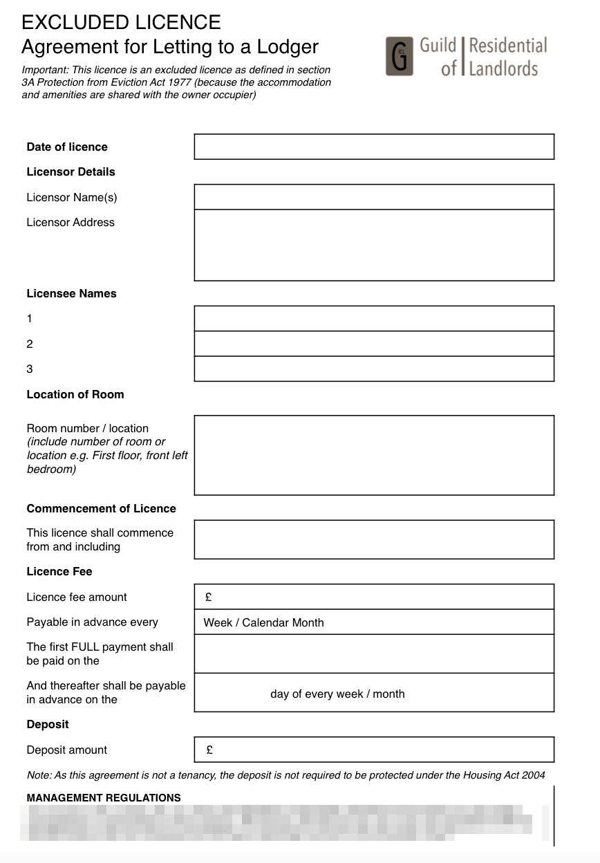 Excluded Licence Lodger Agreement - GRL Landlord Association With Regard To excluded licence lodger agreement template