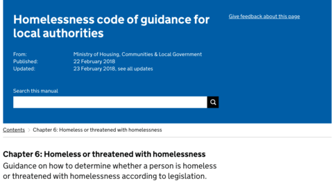 Homelessness Code of Guidance for Local Authorities Published by MHCLG