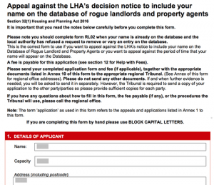 Appeal against the LHA’s decision notice to include your name on the database of Rogue Landlord and Property Agents
