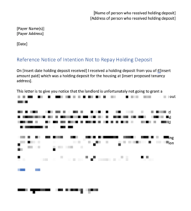 Letter Informing Not Return Holding Deposit – Immigration