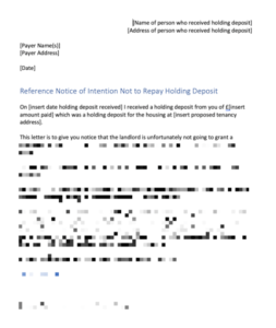 Letter Informing Not Return Holding Deposit – False Misleading Information (Wales)