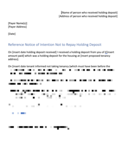 Letter Informing Not Return Holding Deposit – Tenant Not Proceeding (England)
