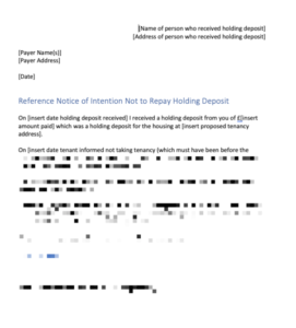 Letter Informing Not Return Holding Deposit – Tenant Not Proceeding (Wales)